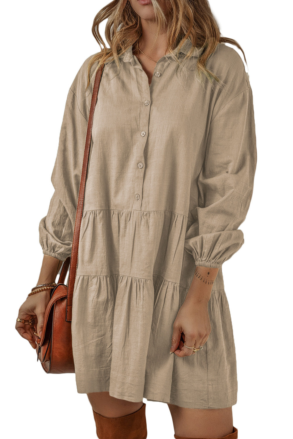 Tiered Pleated Mini Shirt Dress