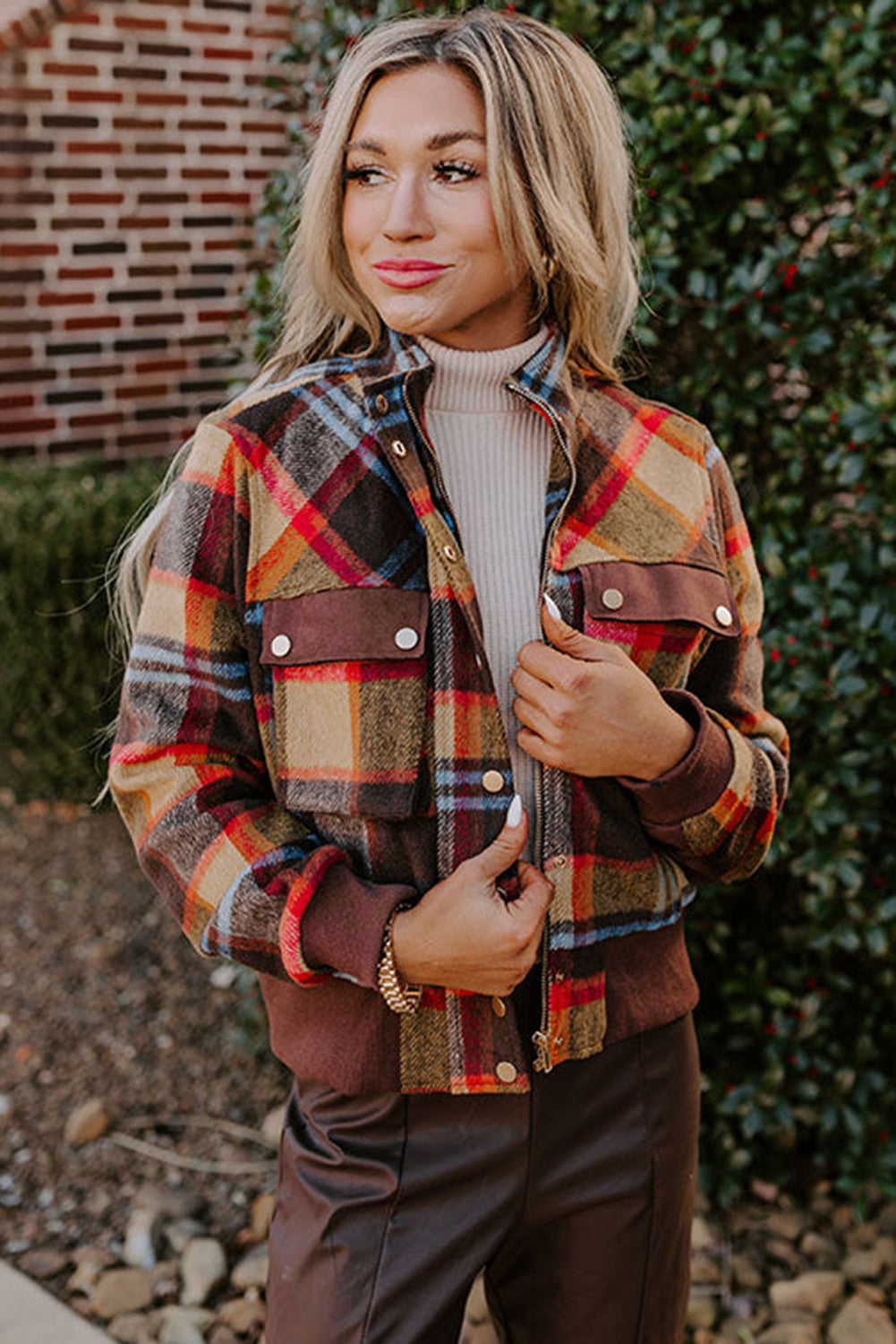 Snap/Zip Brown Plaid Jacket