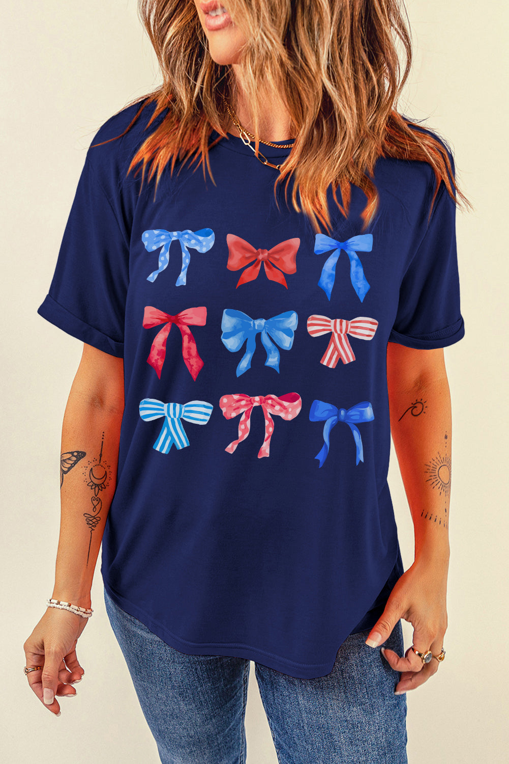 Blue American Flag Bow Knot Graphic Round Neck Tee