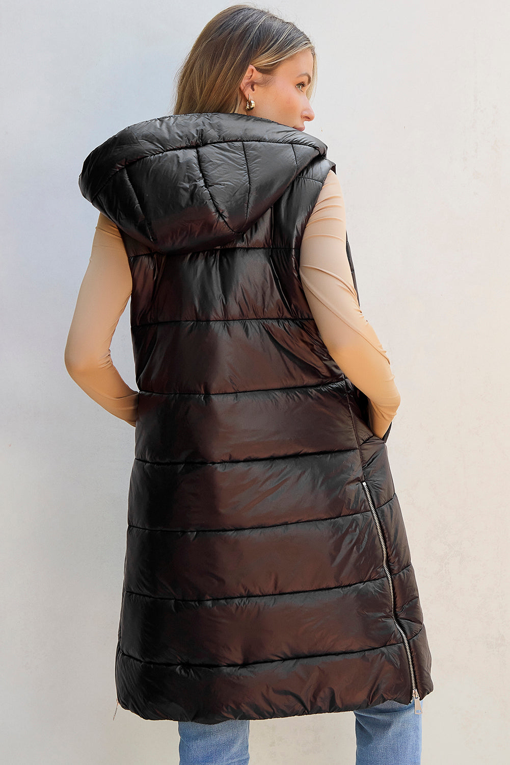 Long Quilted Vest with Hood