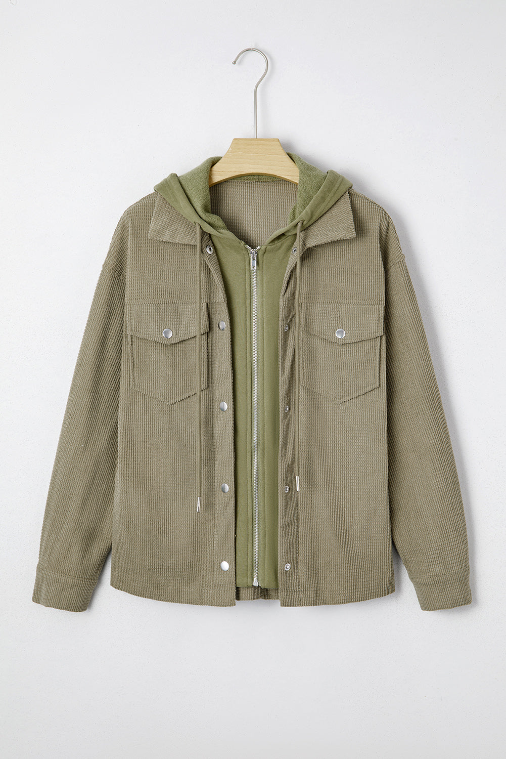 Beige Solid Color Textured Patchwork Flap Pocket Shacket