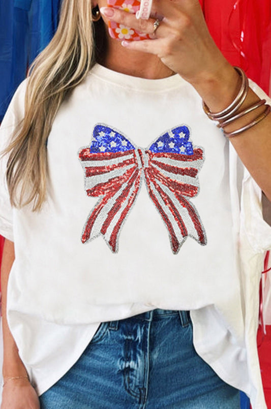 White Patriotic Sequin Bow Graphic Oversized Tee