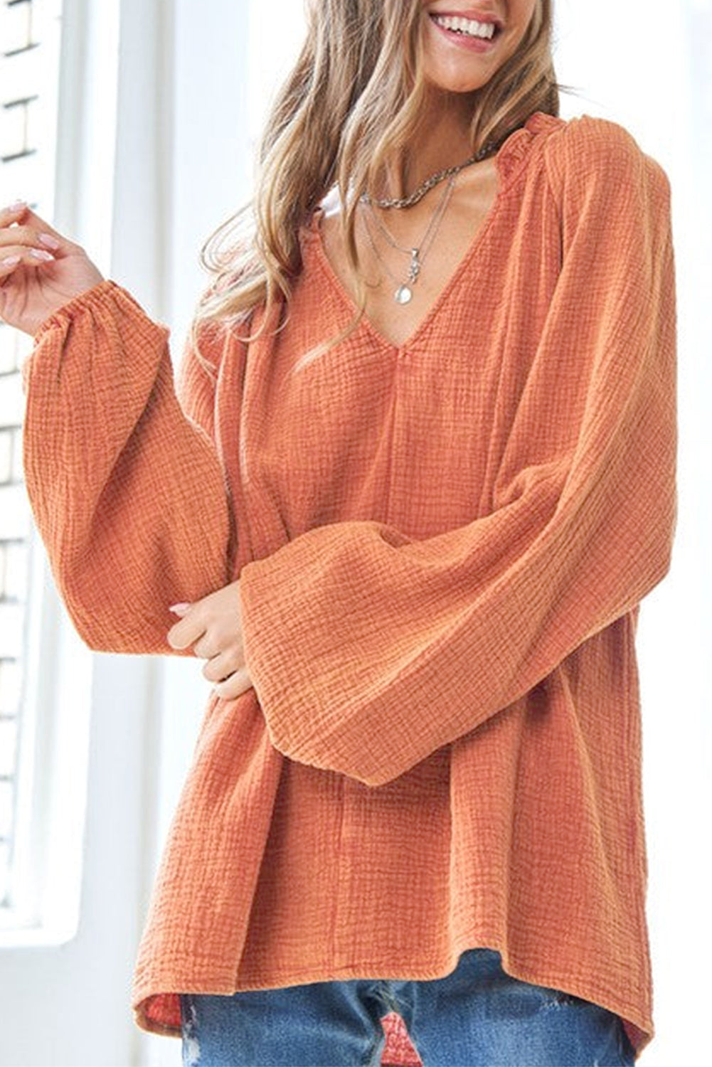 Crinkle Puff Sleeve Blouse