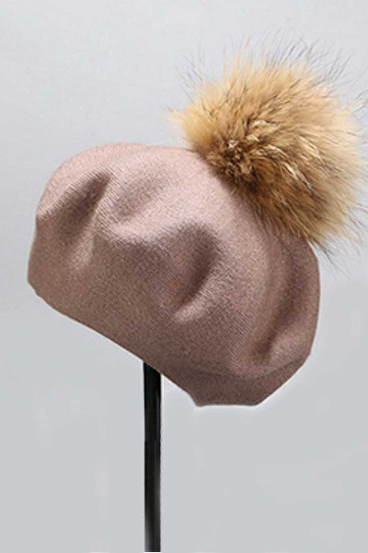 Genuine Fur Pom Pom Cashmere Beret