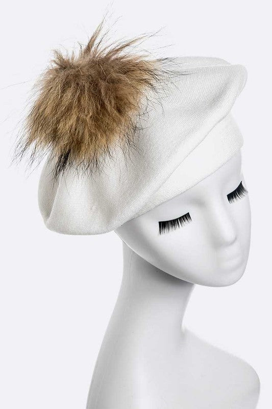 Genuine Fur Pom Pom Cashmere Beret