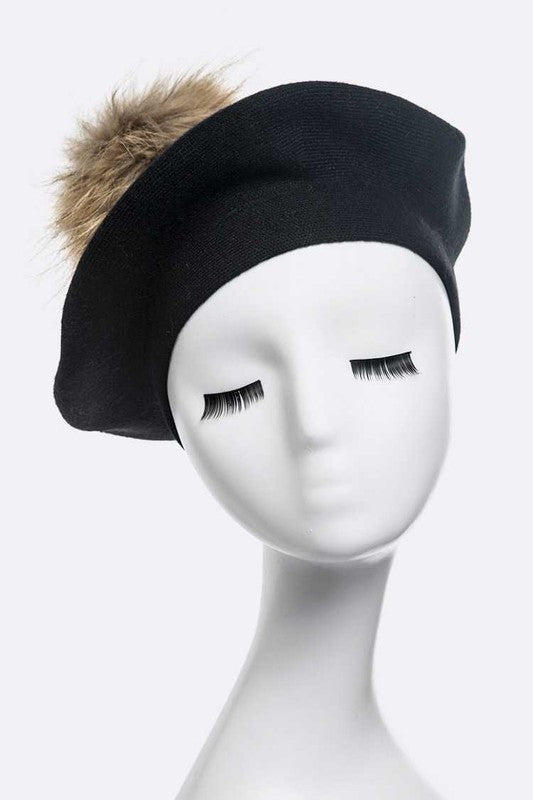 Genuine Fur Pom Pom Cashmere Beret