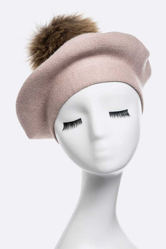 Genuine Fur Pom Pom Cashmere Beret