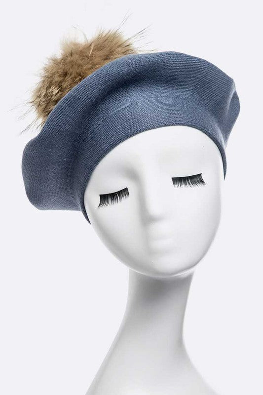 Genuine Fur Pom Pom Cashmere Beret