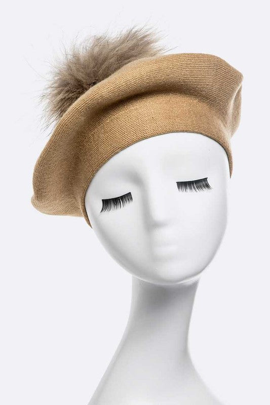 Genuine Fur Pom Pom Cashmere Beret