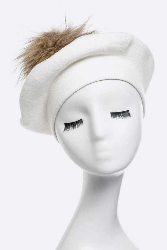 Genuine Fur Pom Pom Cashmere Beret