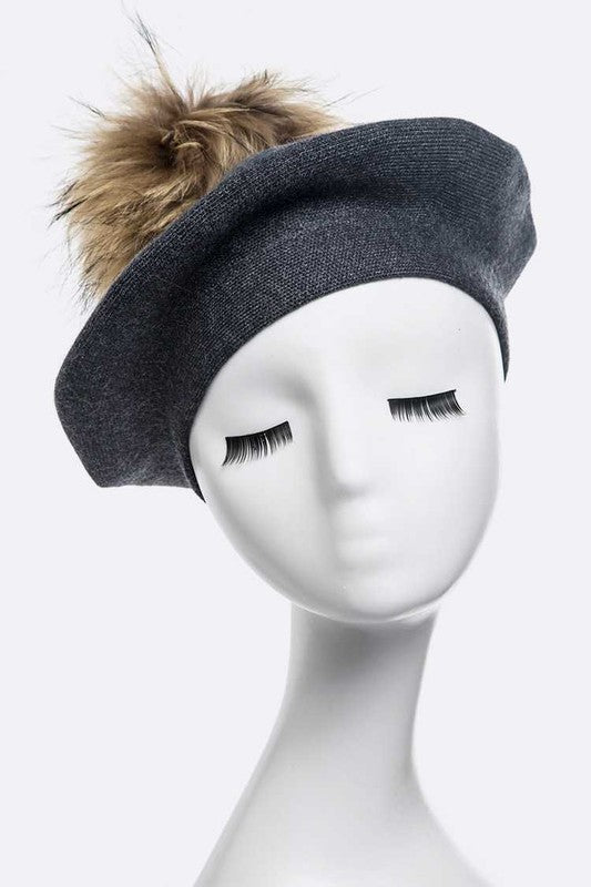 Genuine Fur Pom Pom Cashmere Beret