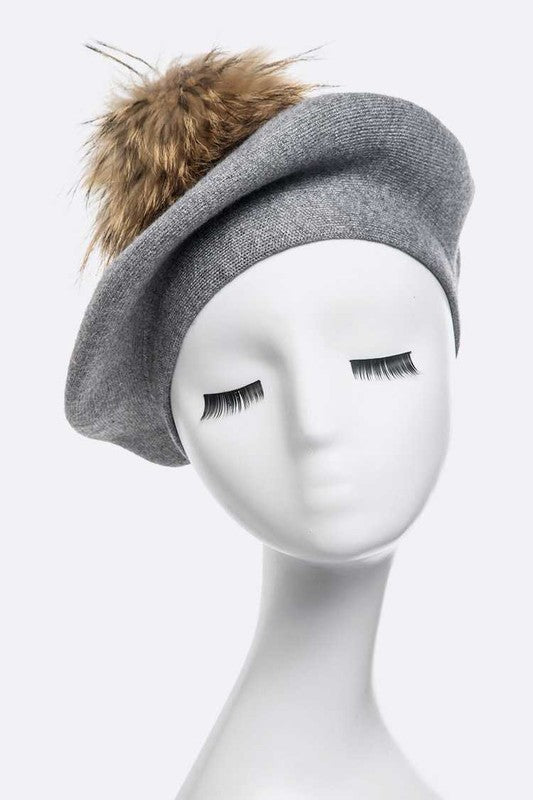 Genuine Fur Pom Pom Cashmere Beret