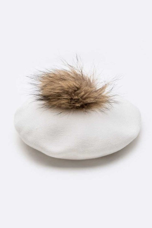 Genuine Fur Pom Pom Cashmere Beret