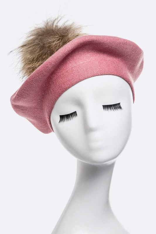 Genuine Fur Pom Pom Cashmere Beret