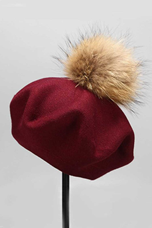 Genuine Fur Pom Pom Cashmere Beret