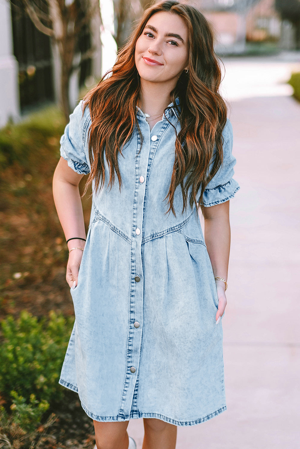 Denim. Ruffled Sleeve Denim Dress