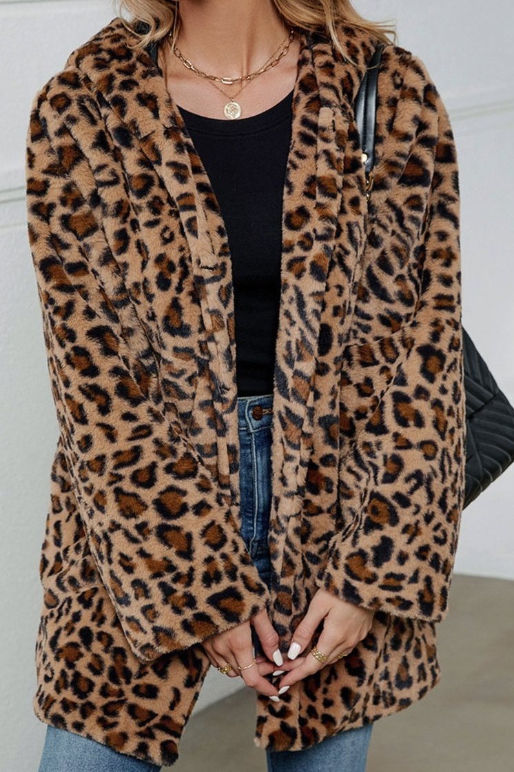 Faux Fur Leopard Hoodie Jacket