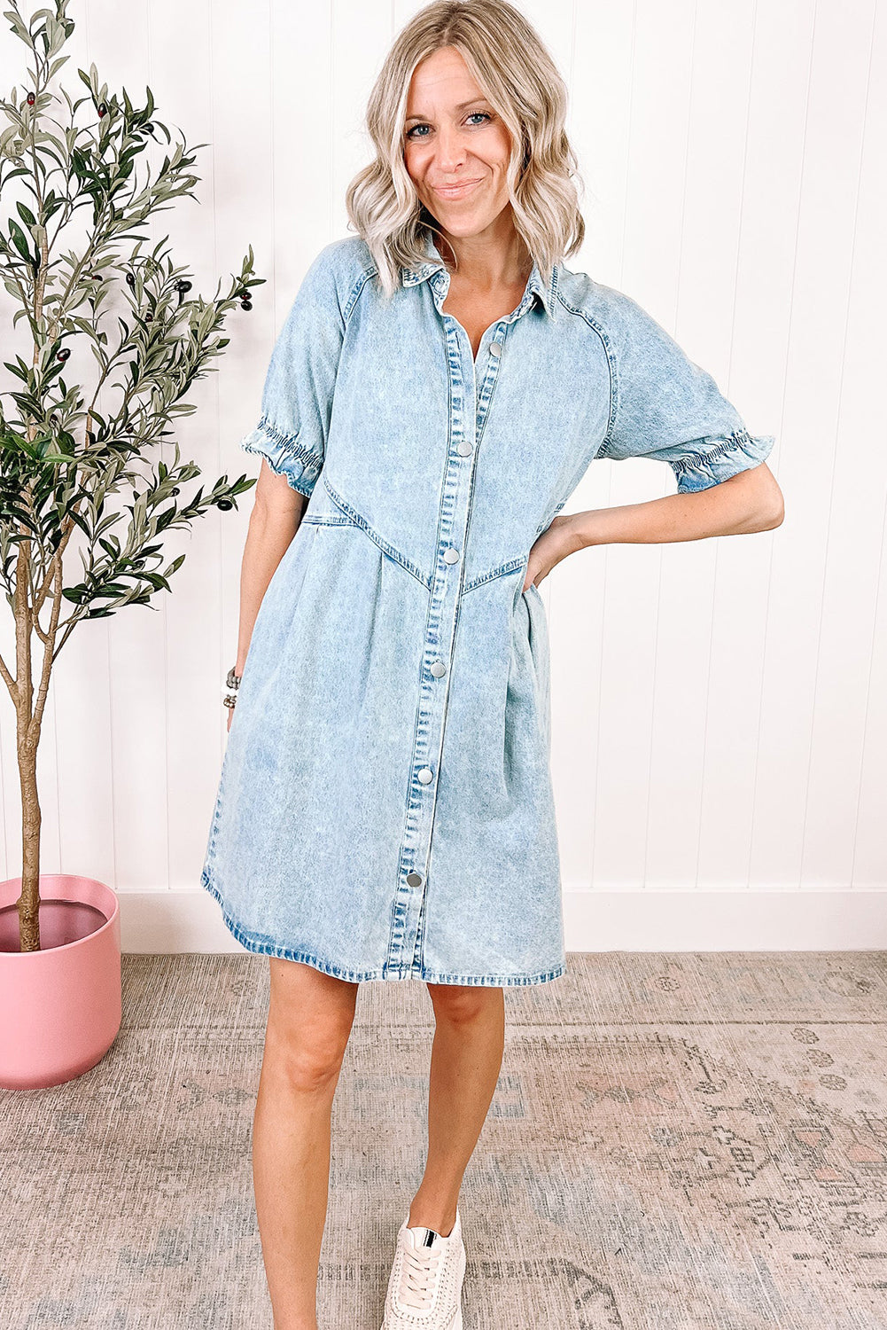 Denim. Ruffled Sleeve Denim Dress