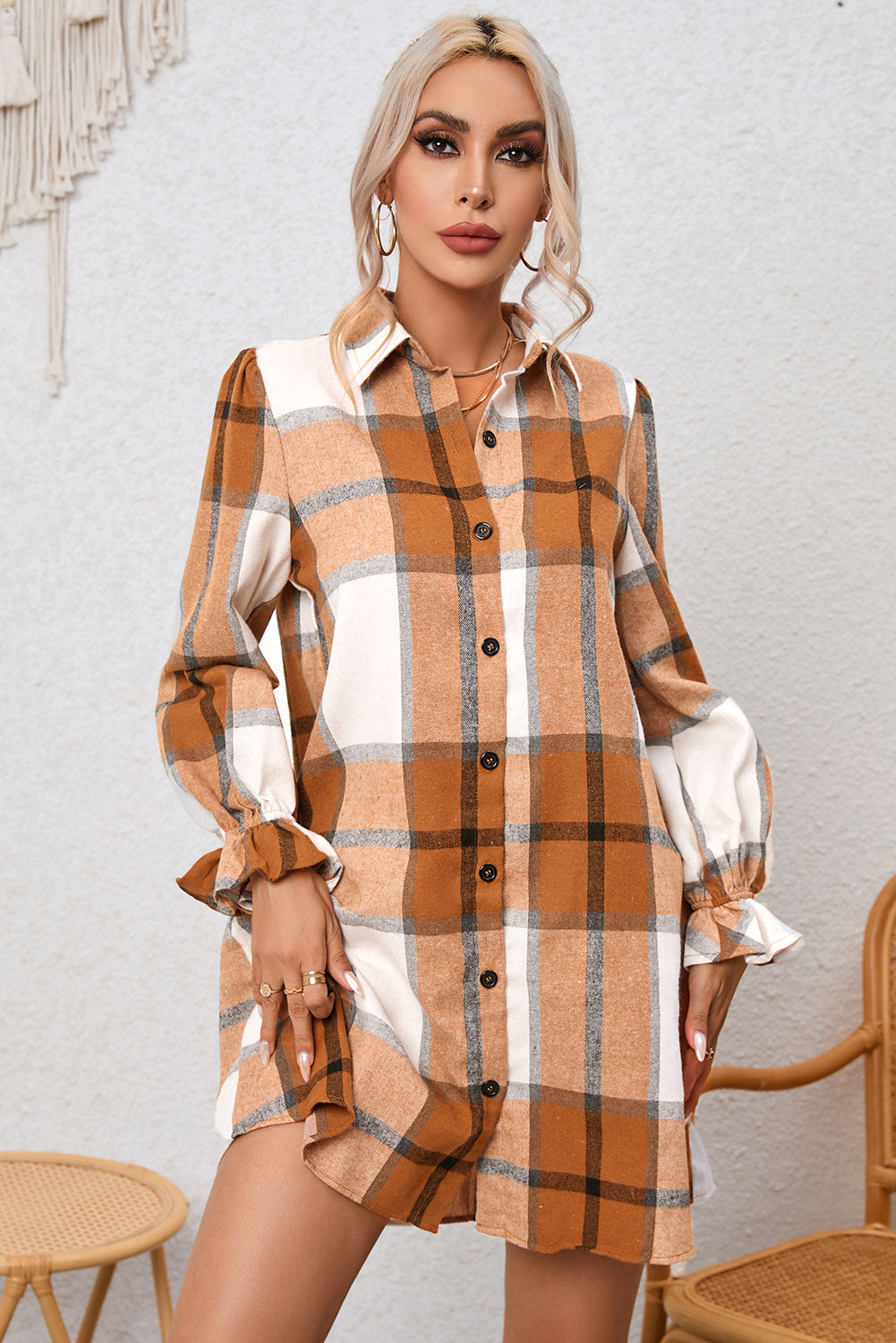 Plaid Ruffle Sleeve Shirt Dress