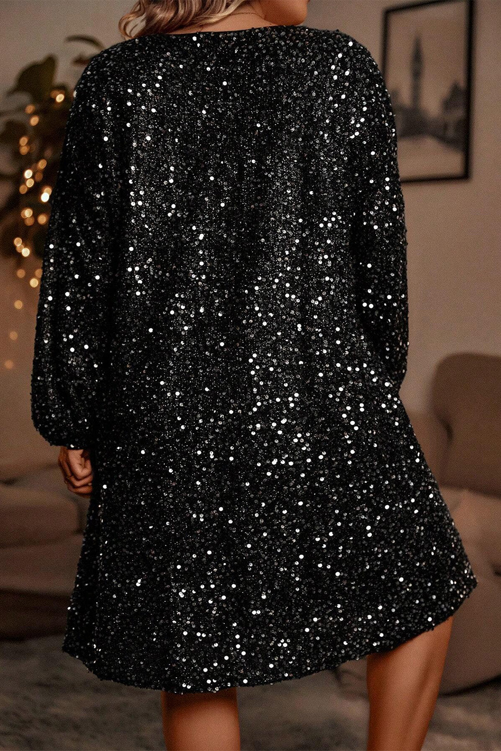 Bubble Sleeve V Neck Sequin Dress Plus Size