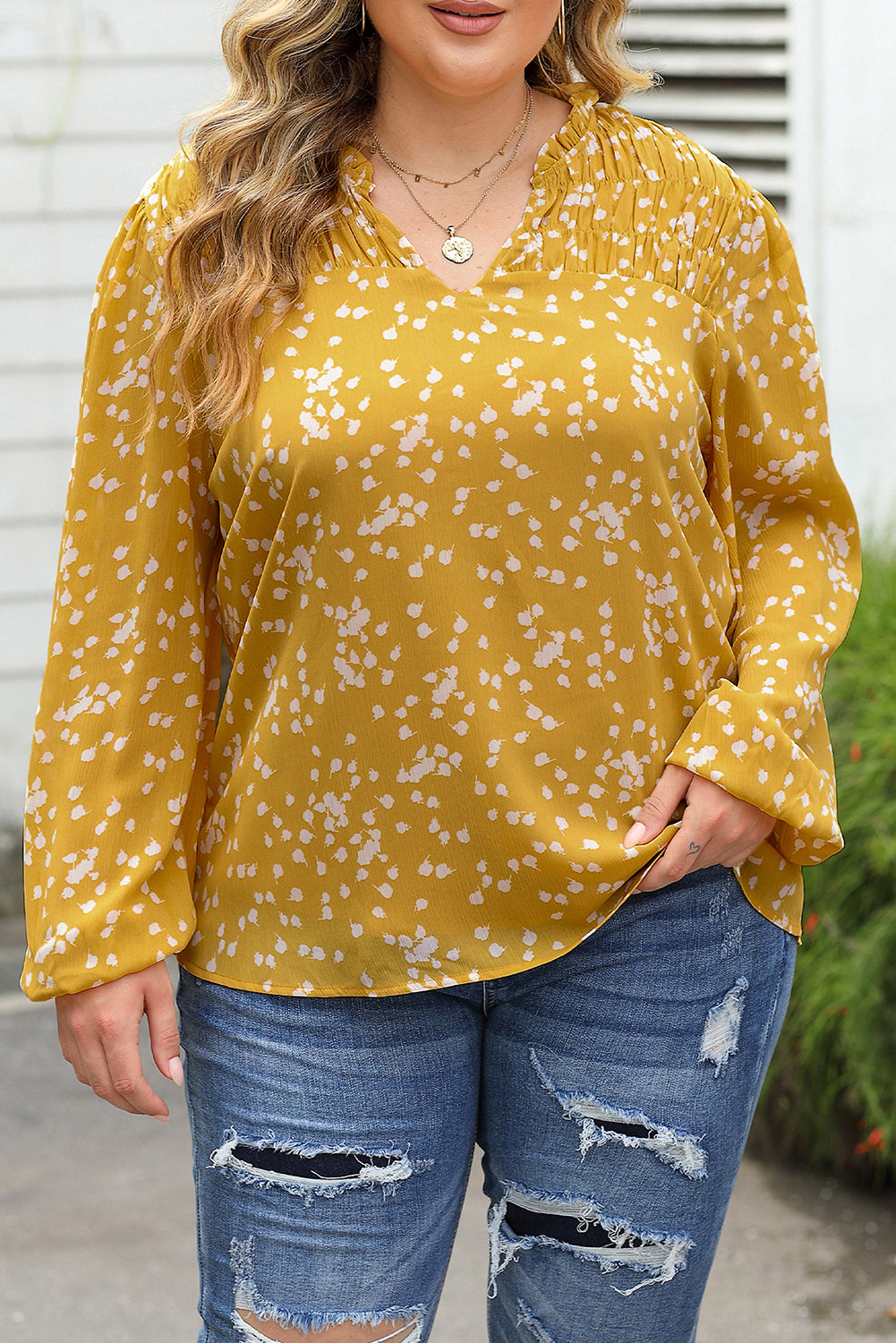 Yellow Print Split Neck Blouse Plus Size