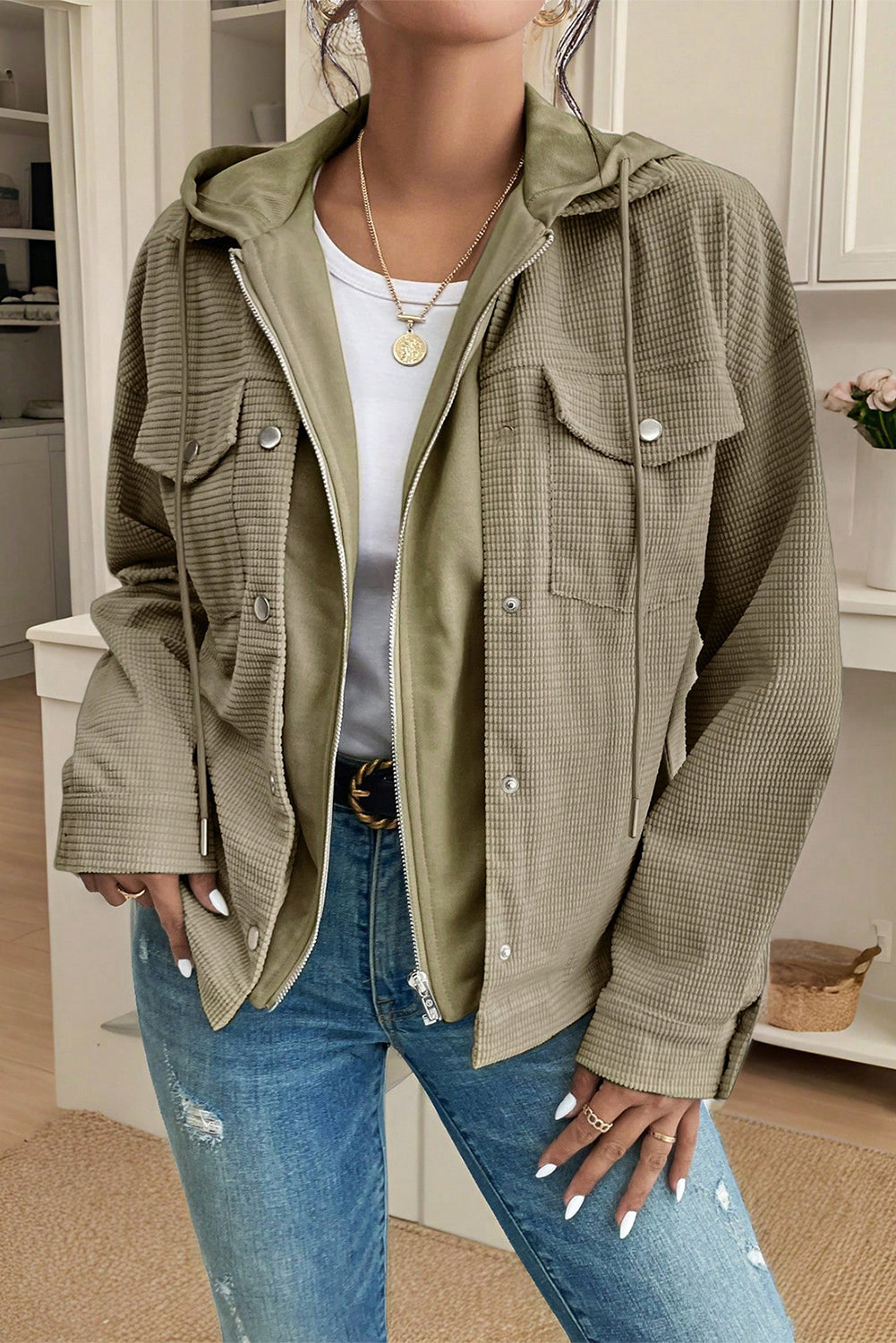 Beige Solid Color Textured Patchwork Flap Pocket Shacket