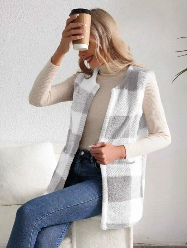 Faux Sherpa Box Plaid Vest