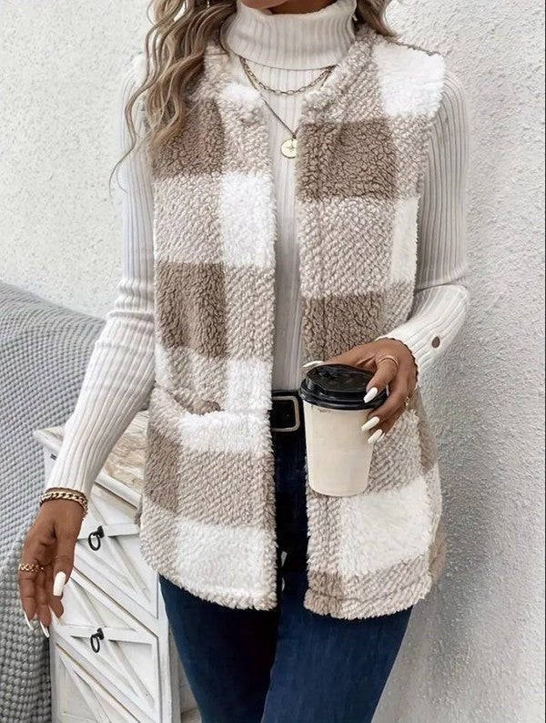 Faux Sherpa Box Plaid Vest