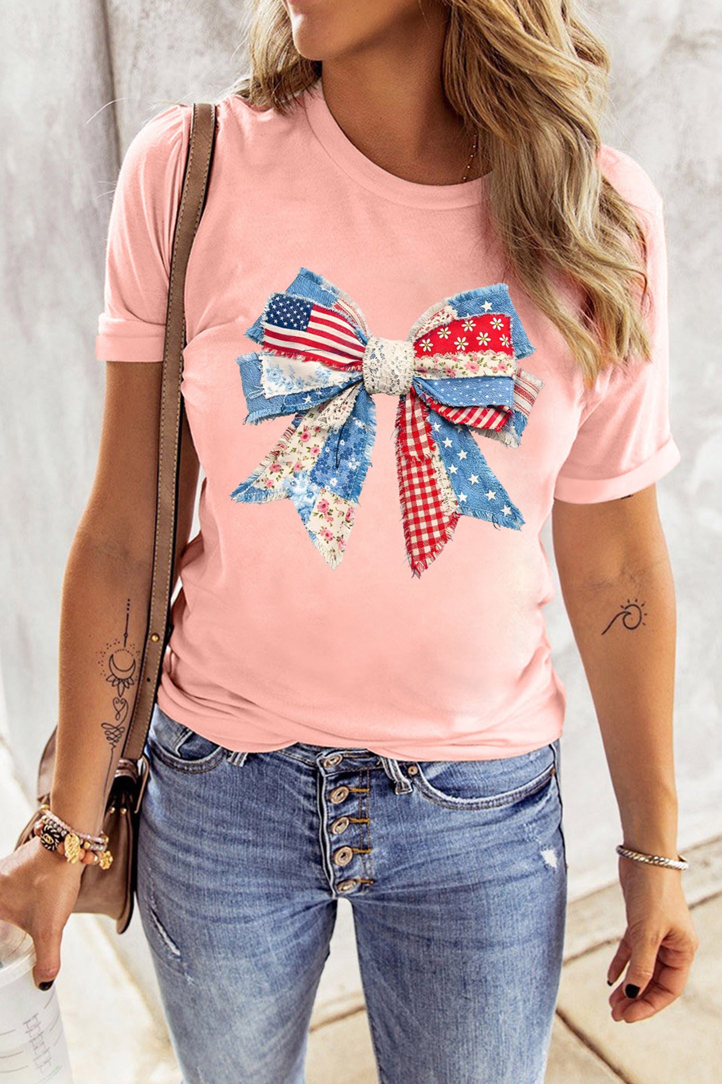 Pink Patriotic Bow Printed Womens Casual Tee