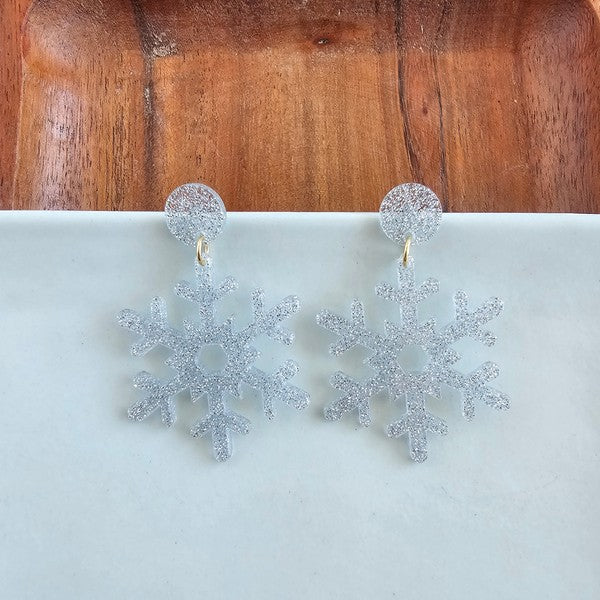 Silver Glitter Snowflake Earrings