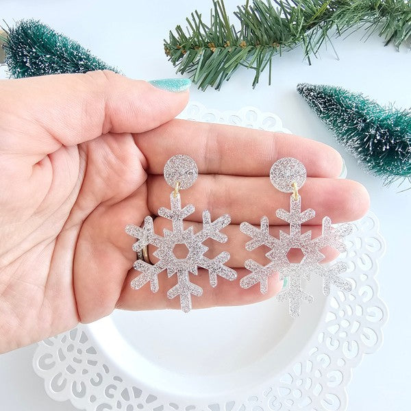 Silver Glitter Snowflake Earrings