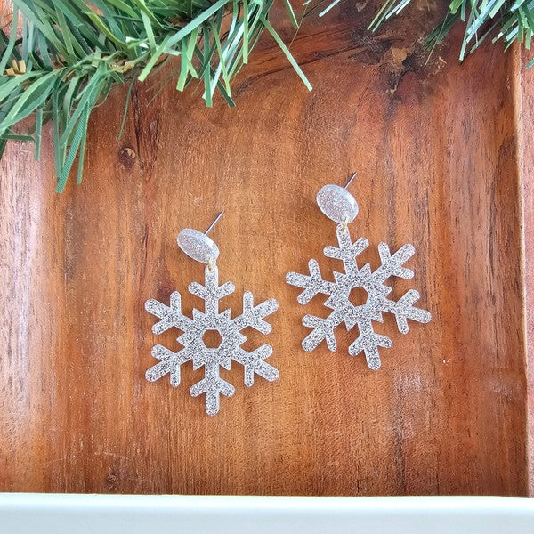 Silver Glitter Snowflake Earrings