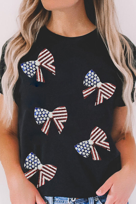 Black Sequined Flag Bowknot Graphic Roll Up Sleeve T Shirt