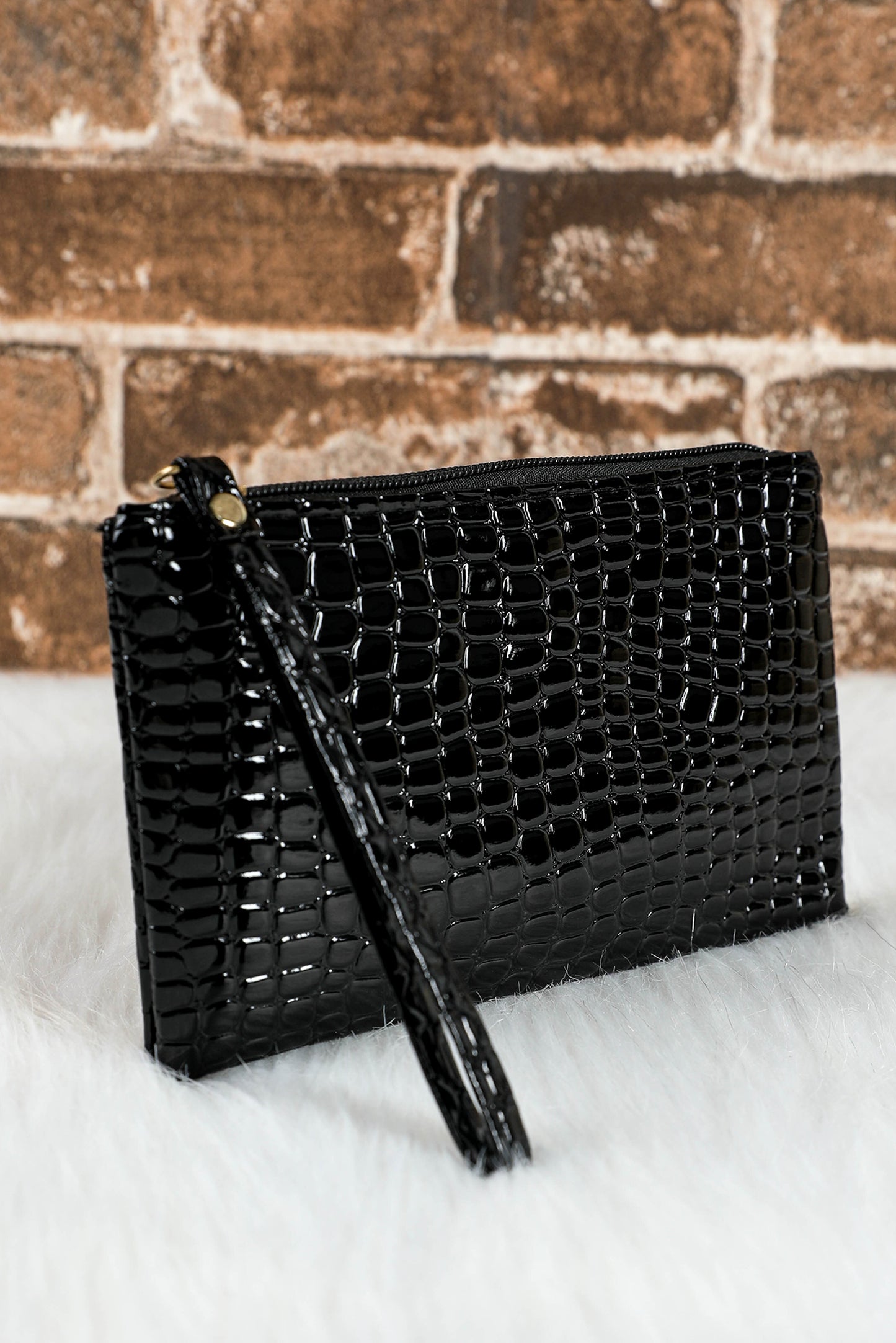 Black Crocodile Print Zip Wristlet Clutch