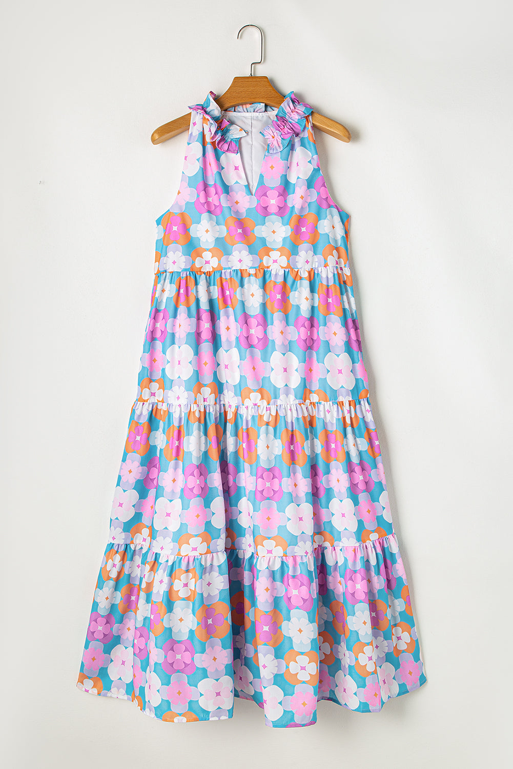 Pink Abstract Print Frill Split Neck Tiered Maxi Dress