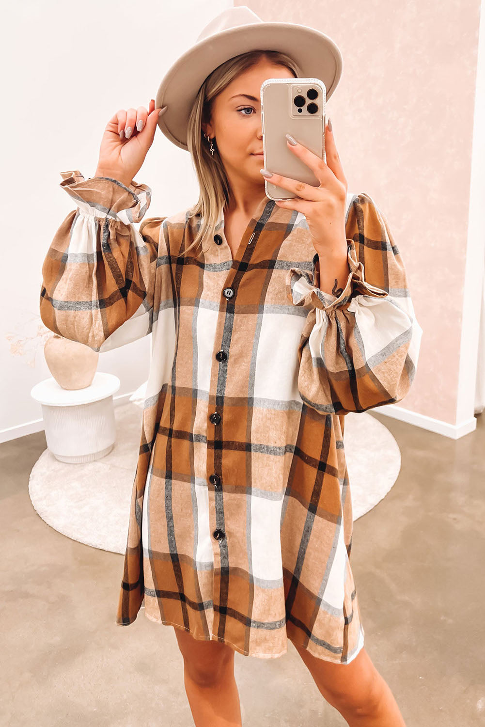 Plaid Ruffle Sleeve Shirt Dress