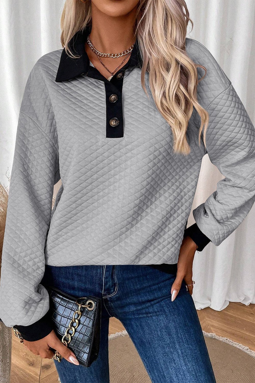 Quilted Button Neck Sweatshirt