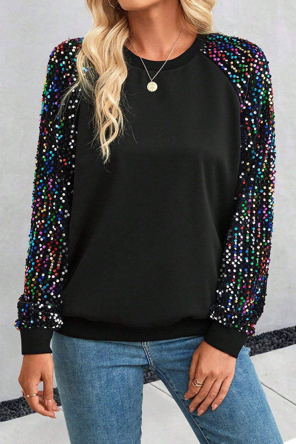 Color Sequin Raglan Sleeve Sweatshirt