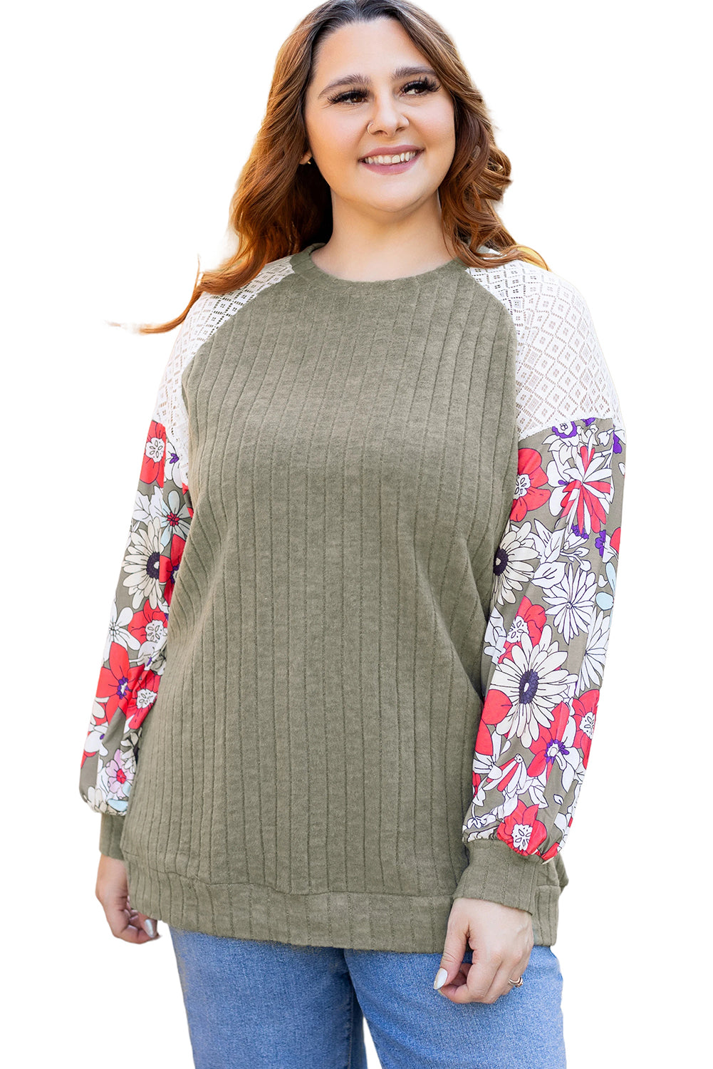 Flowery Raglan Sleeve Blouse Plus Size