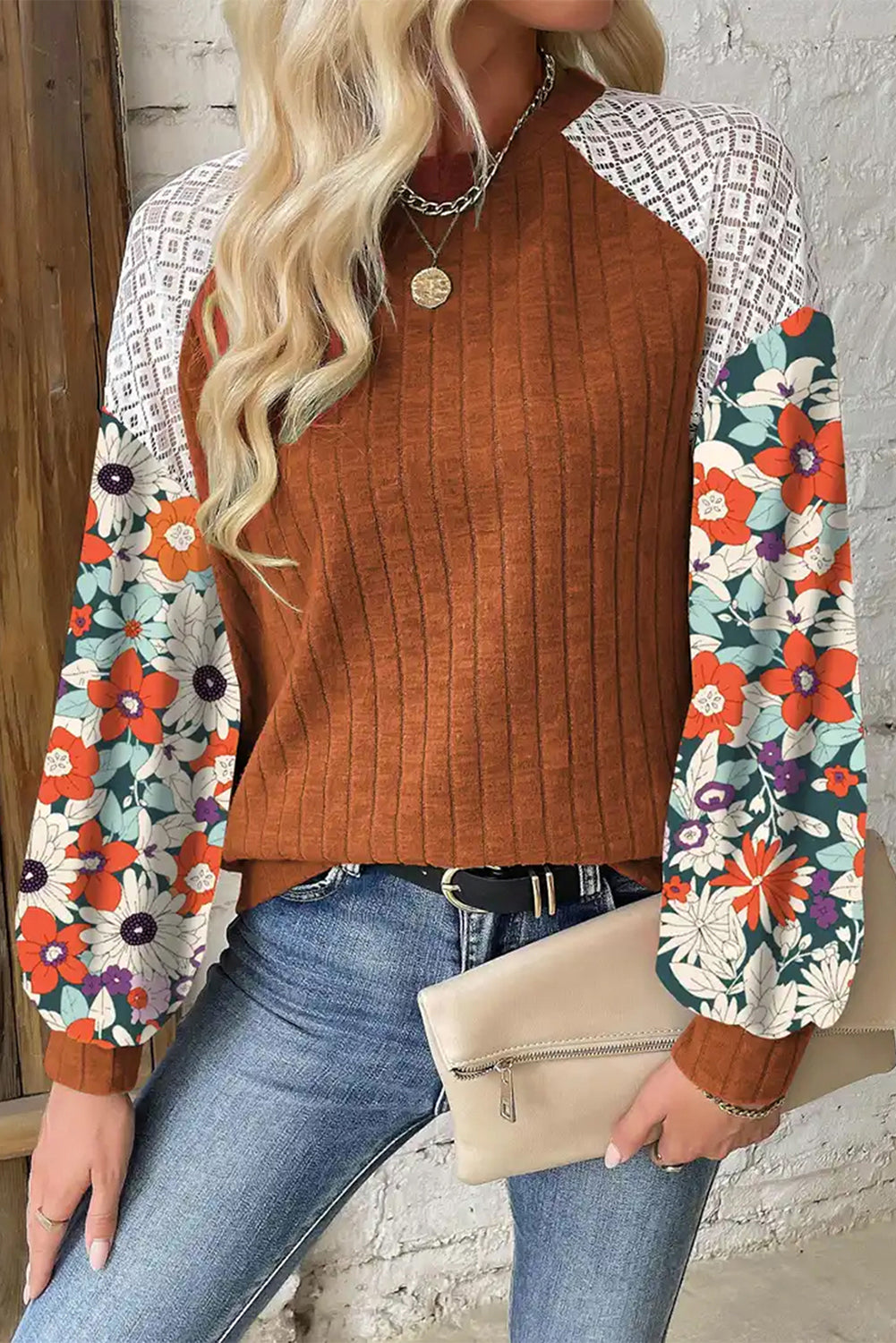 Flowery Sleeve Ribbed Blouse