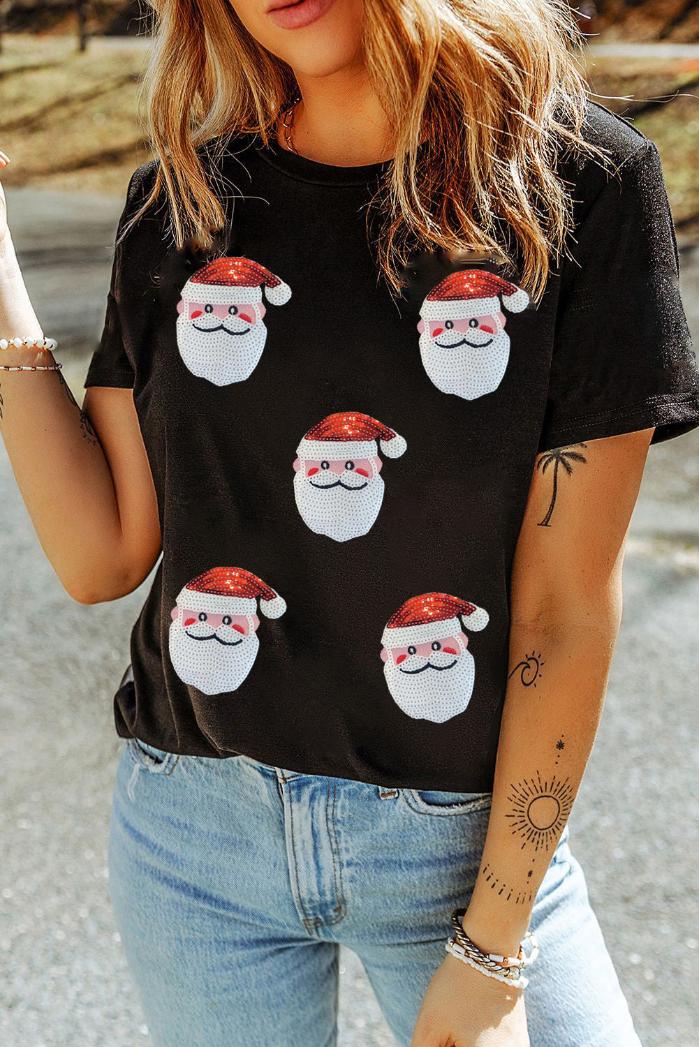 Sequin Santa Heads Tee