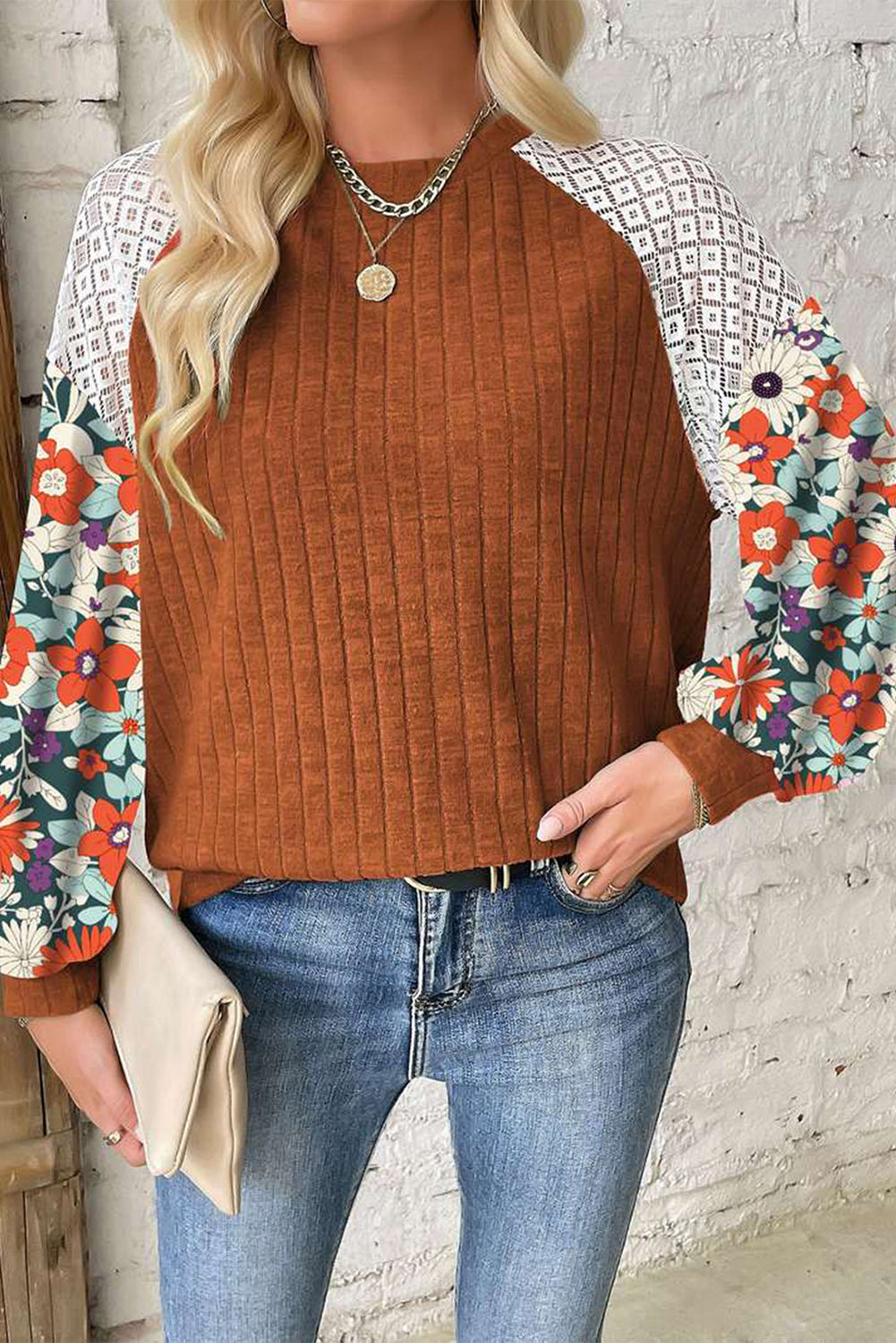 Flowery Sleeve Ribbed Blouse