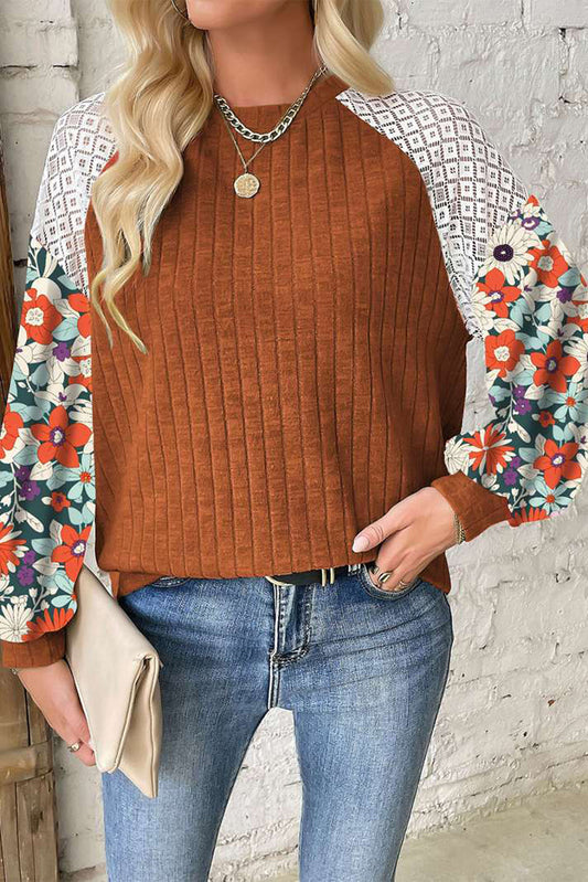 Flowery Sleeve Ribbed Blouse