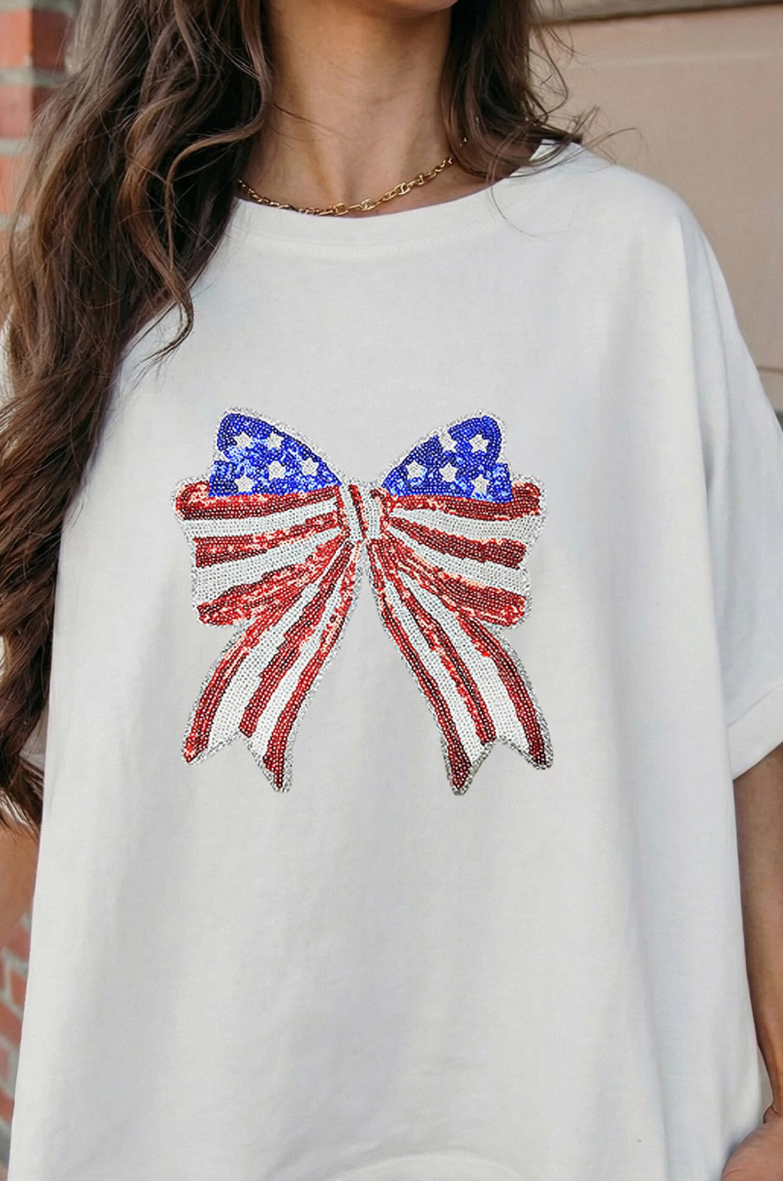 White Patriotic Sequin Bow Graphic Oversized Tee