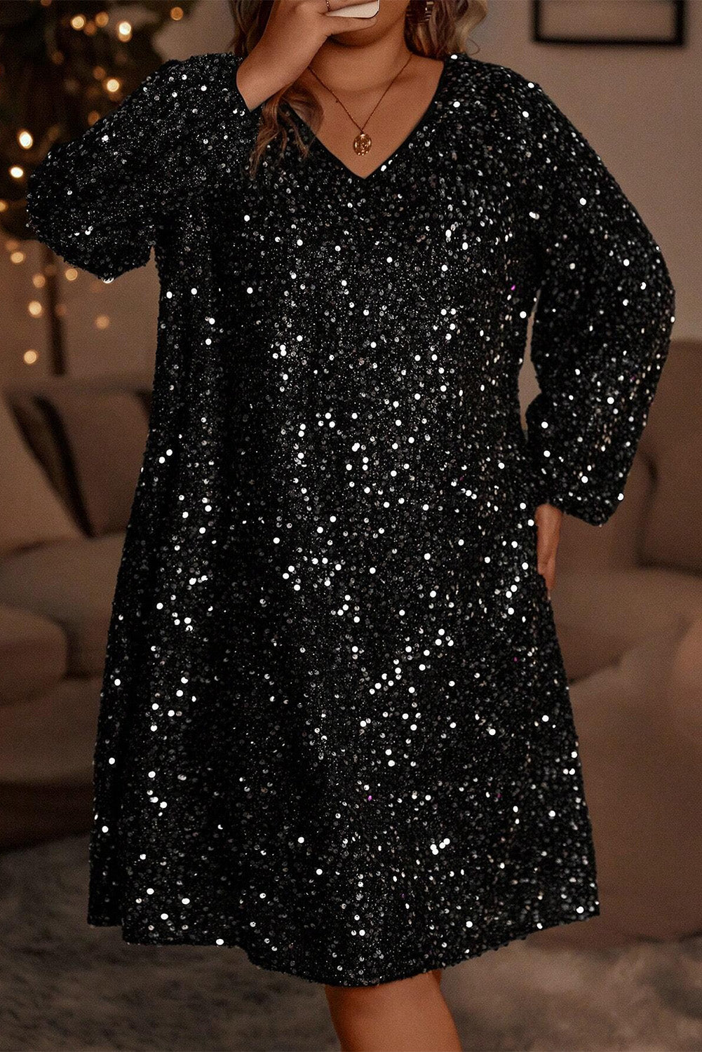 Bubble Sleeve V Neck Sequin Dress Plus Size