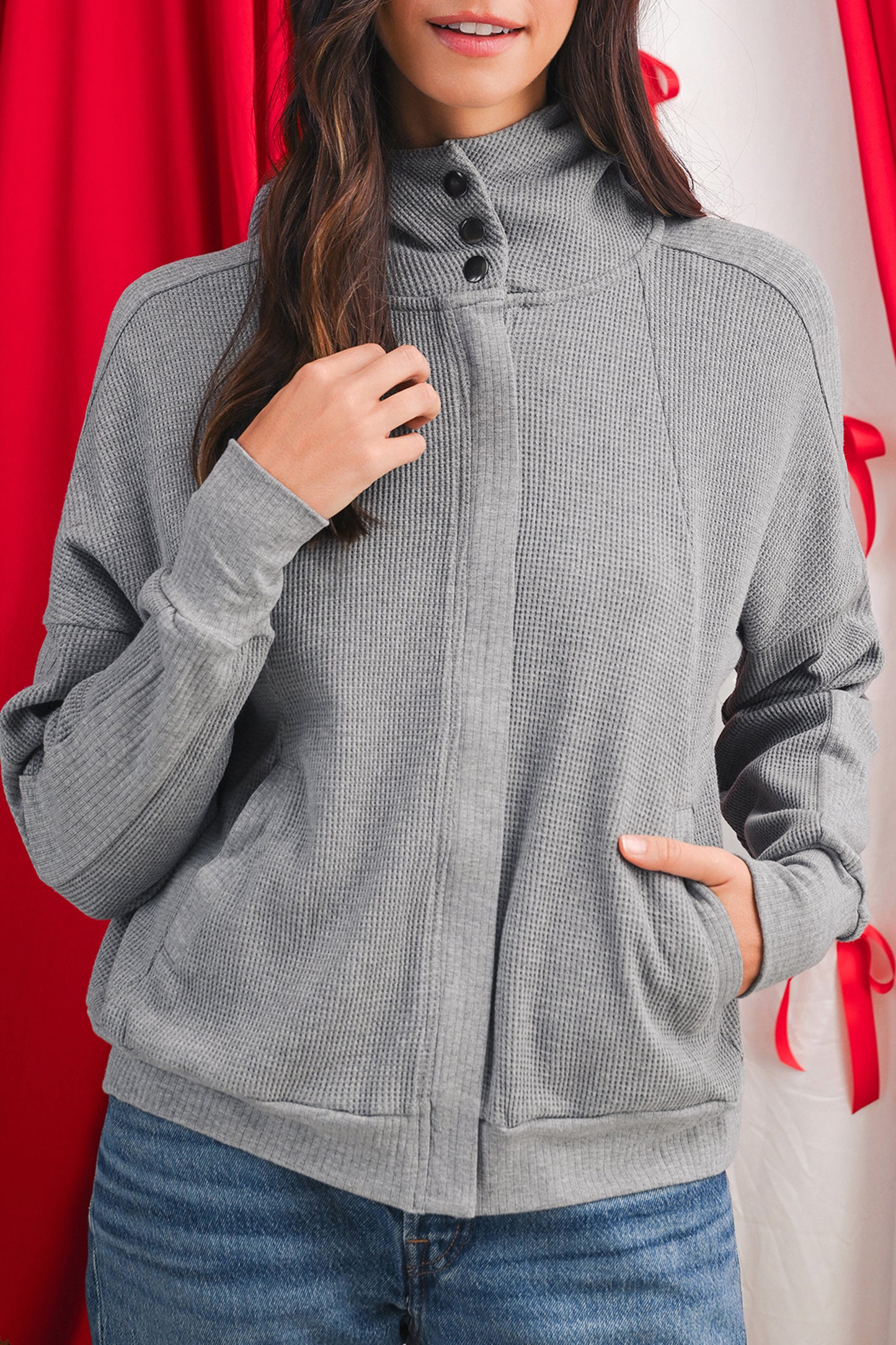 Gray Waffle Splicing Zip Up Front Button Hooded Jacket