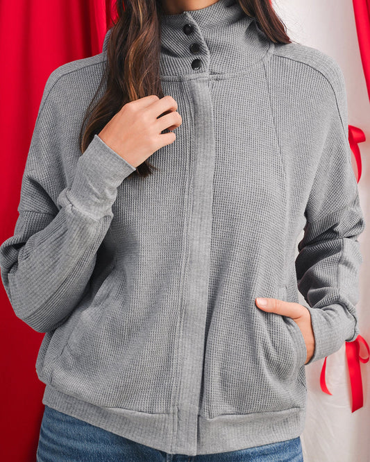 Waffle Zip Up Front Button Hooded Jacket