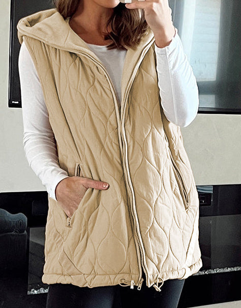 Pale Khaki Quilted Padded Casual Winter Jacket Vest with Fleece Lining