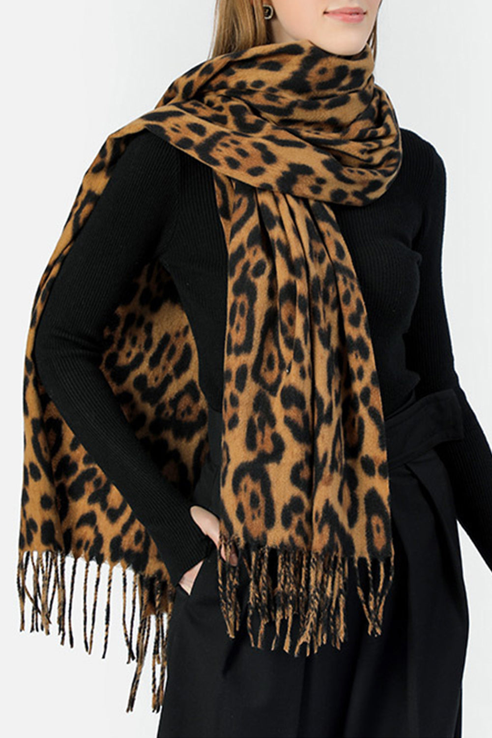 Leopard Print Fringe Scarf