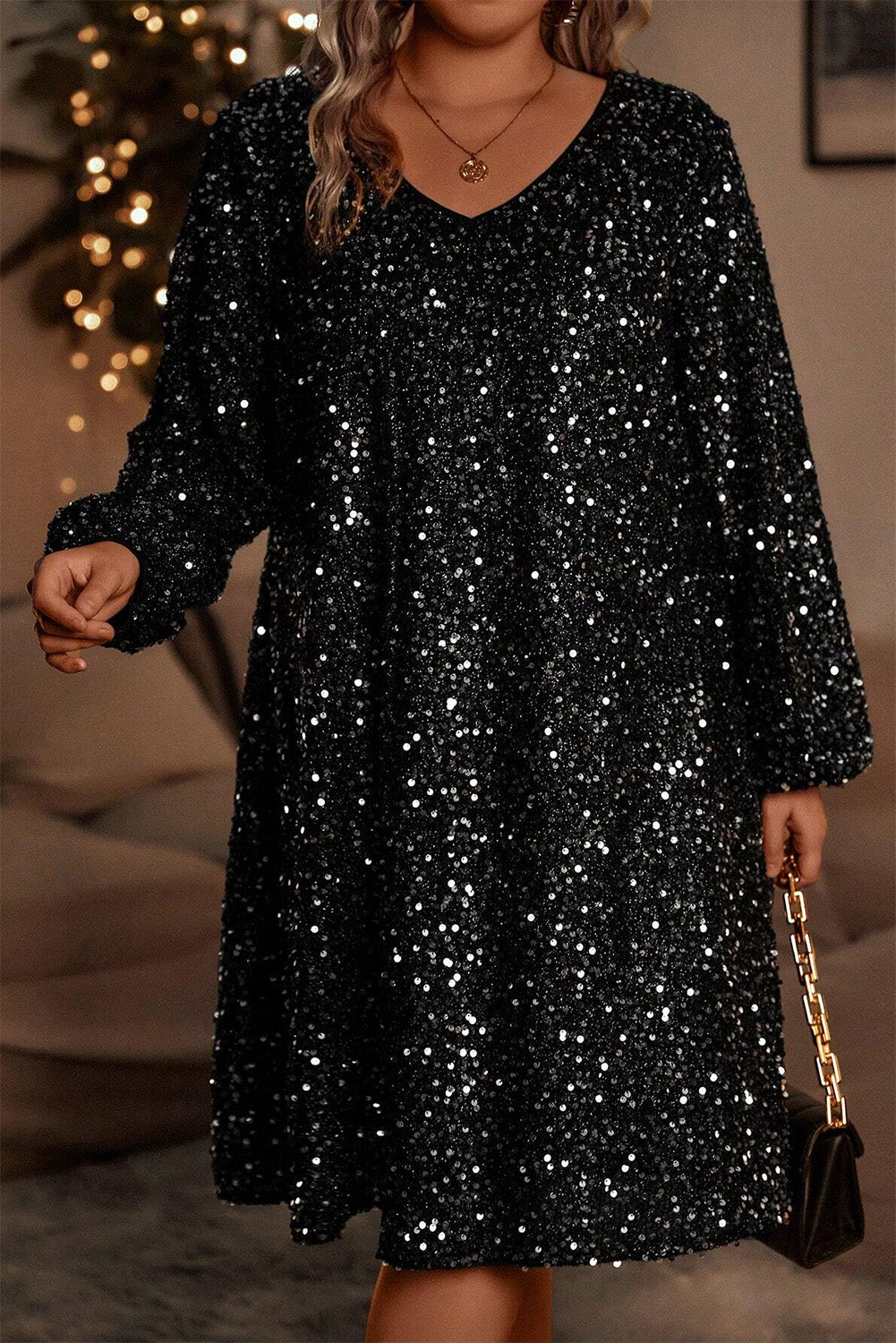 Bubble Sleeve V Neck Sequin Dress Plus Size